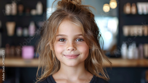 happy smiling child sitting in a chair at the hairdresser, haircut, hairstyle, style, girl, boy, kid, toddler, fashion, beauty salon, barbershop, hair, portrait, face, emotional