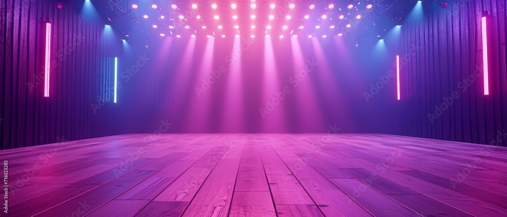 Stage Spotlight starts with the warm colors of a studio's hardwood floor and rises to the dynamic purples and pinks of stage lights ,Ideal for fitness app UI background . - obrazy, fototapety, plakaty 