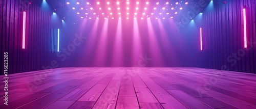 Stage Spotlight starts with the warm colors of a studio's hardwood floor and rises to the dynamic purples and pinks of stage lights ,Ideal for fitness app UI background . photo