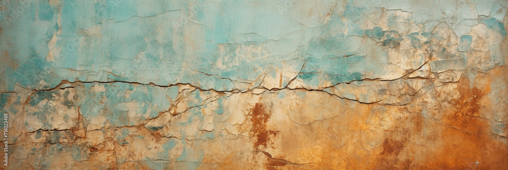 banner with the texture of a cracked aged grunge concrete wall,covered with an abstract network of cracks,turquoise-brown tinting