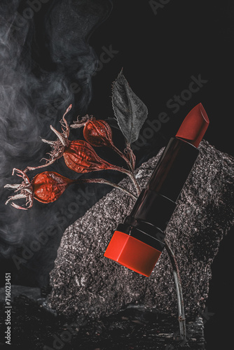 Red lipstick with flowers 