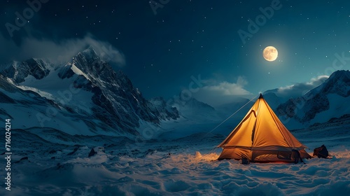 tent in the night, a tent pitched up on a snowy mountain at night with a full moon in the sky above it and a mountain range in the background