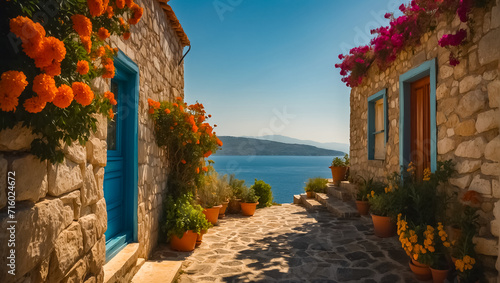Fototapeta Naklejka Na Ścianę i Meble -  Beautiful street Greece summer day, sea relaxing