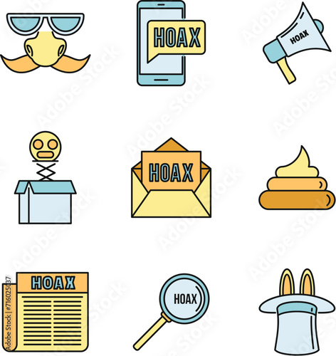 Hoax fake icons set. Outline set of hoax fake vector icons thin line color flat on white