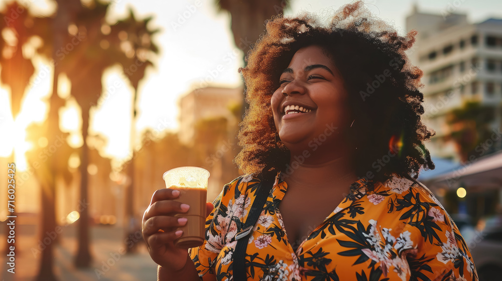 beautiful plump happy girl drinks coffee on a walk, palm trees, summer, plus size model, overweight woman, fat person, portrait, face, lady, lifestyle, weight loss, curvy, city, street - obrazy, fototapety, plakaty 