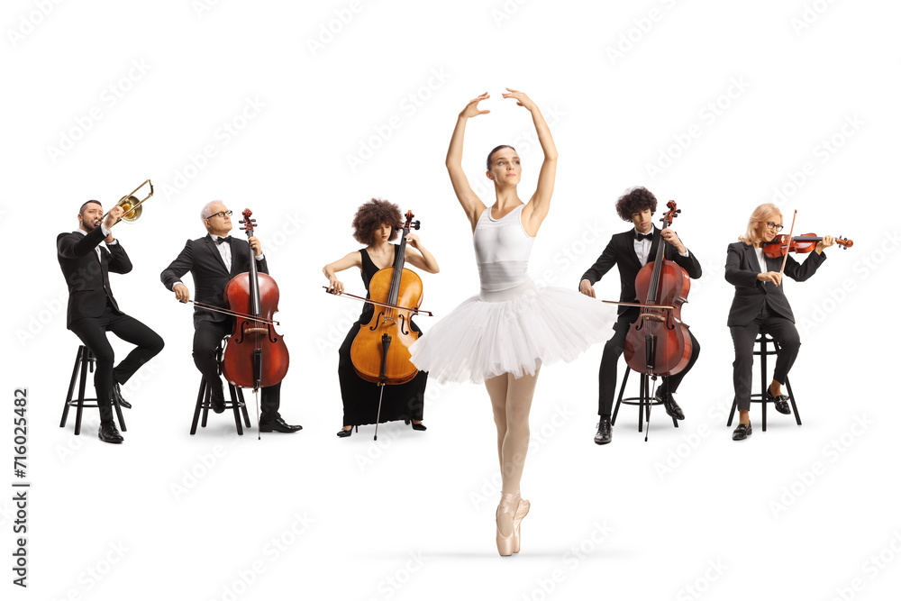 Ballerina dancing and orchestra playing classical music - obrazy, fototapety, plakaty 