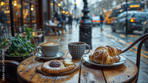 Outdoor sidewalk cafe eating a continental breakfast of coffee and croissants in London photo
