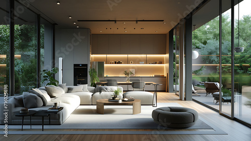 Uma sala de estar moderna e elegante com decoração minimalista e grandes janelas  A luz natural suave entra lançando um brilho caloroso sobre o ambiente © Alexandre