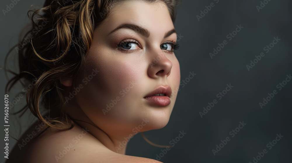 Fototapeta premium beautiful plump girl, plus size model, overweight woman, fat person, portrait, face, lady, lifestyle, weight loss, studio, fashion, skin, eyes, lips
