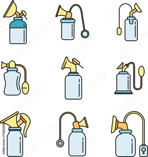Modern breast pump icons set. Outline set of modern breast pump vector icons thin line color flat on white