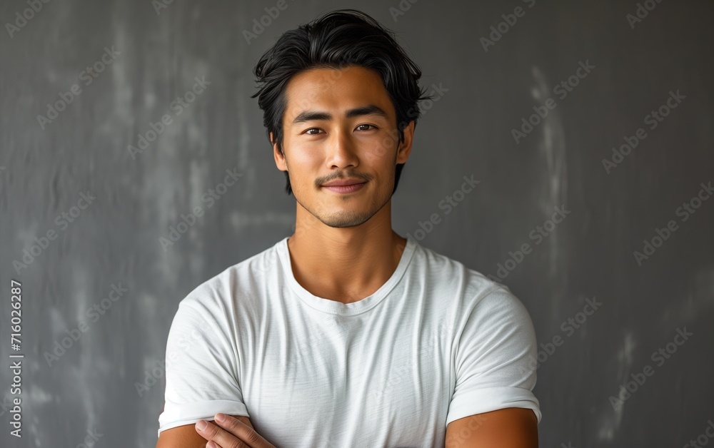 Obraz premium Portrait of young handsome Asian man smiling and looking camera with confidence.