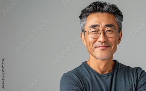 Portrait of senior mature handsome Asian man smiling and looking camera with confidence. photo