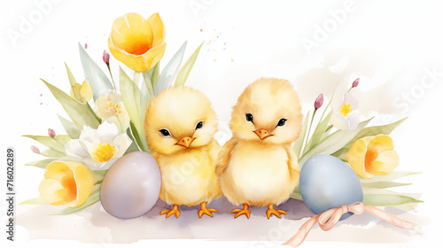 Watercolor Illustration of Adorable, cute Yellow Chicks Among Spring Flowers and Easter Eggs.
