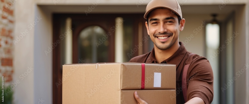 A smiling businessman, wearing a cap, is carefully carrying a parcel in an office setting, surrounded by boxes and a laptop, showcasing a professional engaged in delivery and business activities A smiling businessman, wearing a cap, is carefully carrying a parcel in an office setting, surrounded by boxes and a laptop, showcasing a professional engaged in delivery and business activities