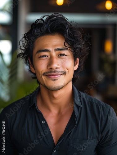 Portrait of young handsome Asian man smiling and looking camera with confidence.