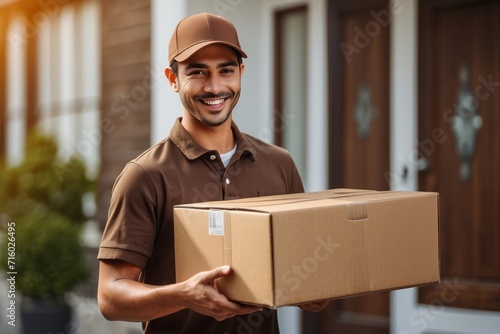 A smiling businessman, wearing a cap, is carefully carrying a parcel in an office setting, surrounded by boxes and a laptop, showcasing a professional engaged in delivery and business activities © 2D_Jungle