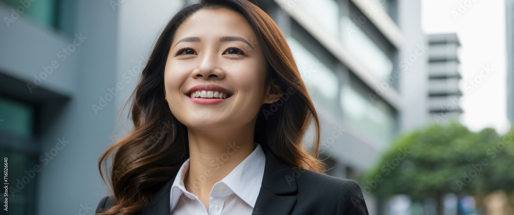 Obraz premium A confident and cheerful businesswoman in a professional suit, smiling in her office in the city, radiating happiness and success