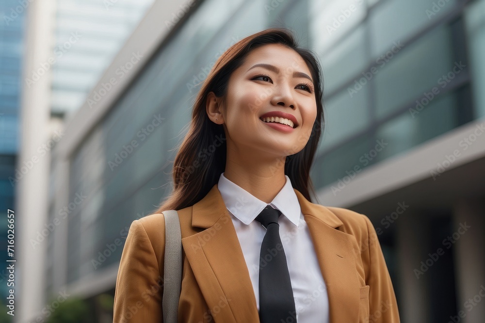 A confident and cheerful businesswoman in a professional suit, smiling in her office in the city, radiating happiness and success A confident and cheerful businesswoman in a professional suit, smiling in her office in the city, radiating happiness and success