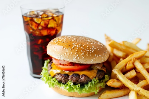 Hamburger, French Fries and Drink on a White Background