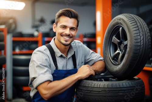 Smiling mechanic at the auto service changing a tire with a workout tool photo