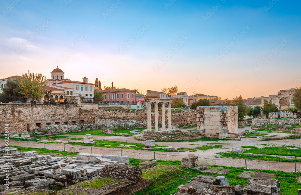 The ruins of the Roman Agora seen from the east. The site is located to the north of the Acropolis, in Athens, Greece.