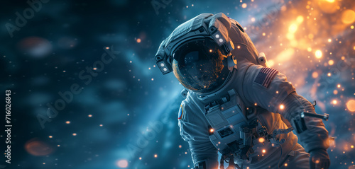 Astronaut suit and helmet with starry space and glowing lights