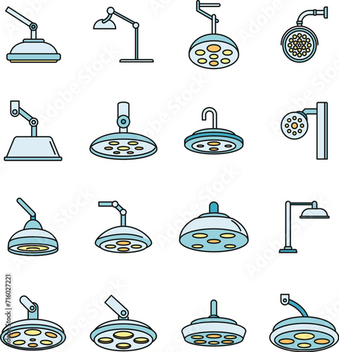 Modern surgical light icons set. Outline set of modern surgical light vector icons thin line color flat on white