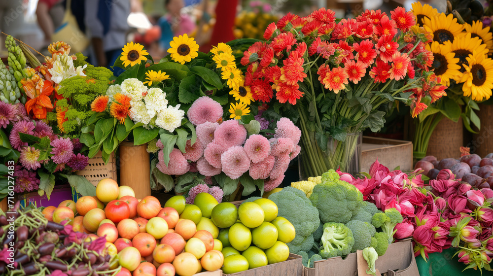 A diverse array of fresh produce and flowers at a bustling farmers' market