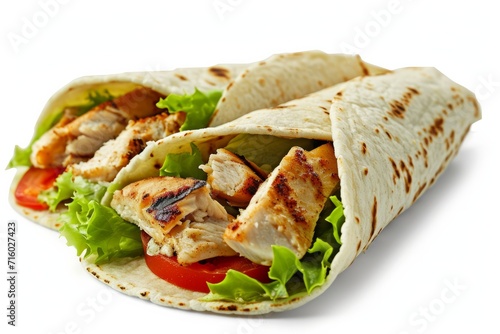 Taco Mexican Tortilla Wrap with Chicken Isolated on White Background