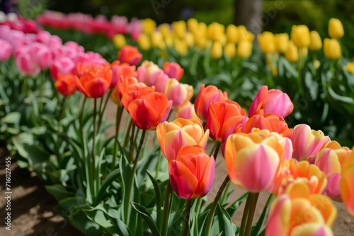 Rows of colorful tulips in a garden  creating a vibrant and harmonious visual display