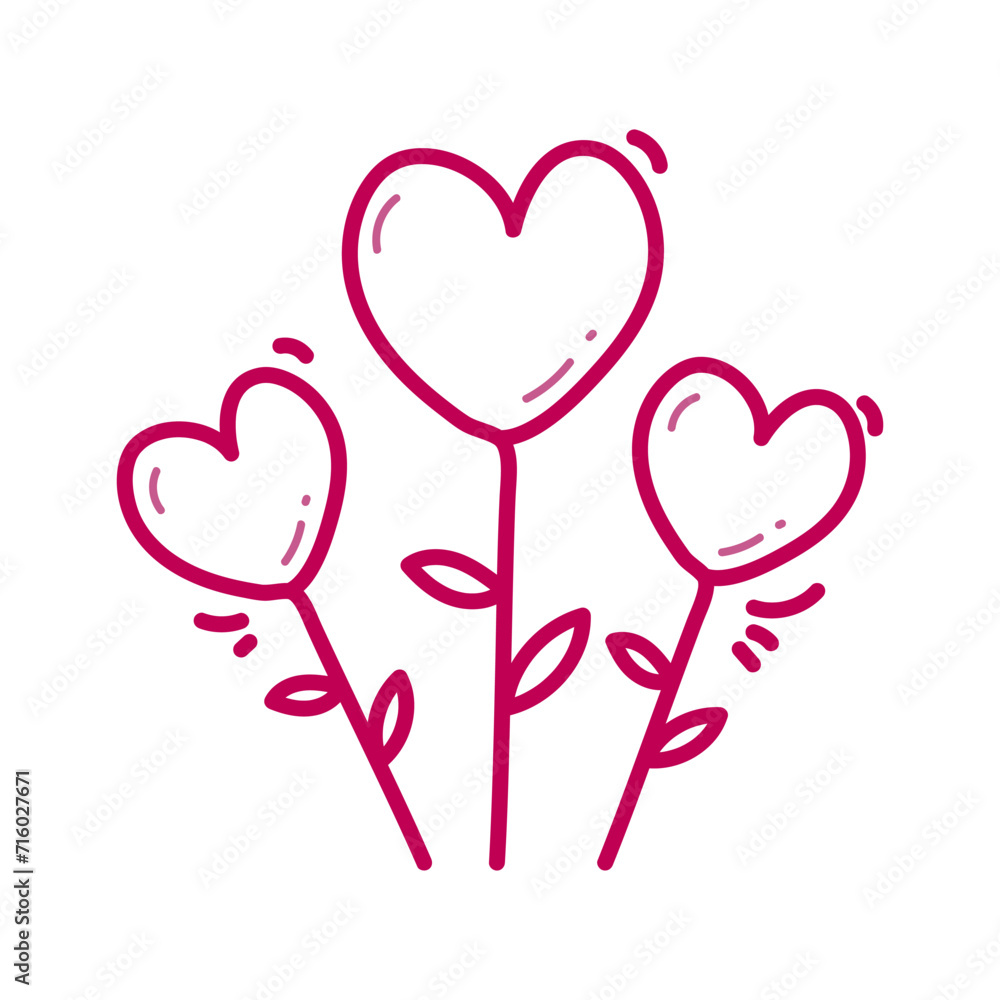 Hand drawn cute flowers with hearts love romantic doodle vector illustration, pink line image design