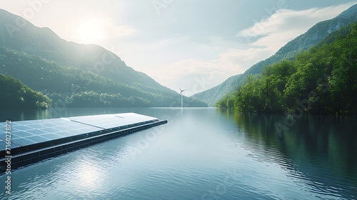 Uma imagem serena de um lago intocado reluzindo sob o sol da manhã envolto por montanhas verdejantes photo