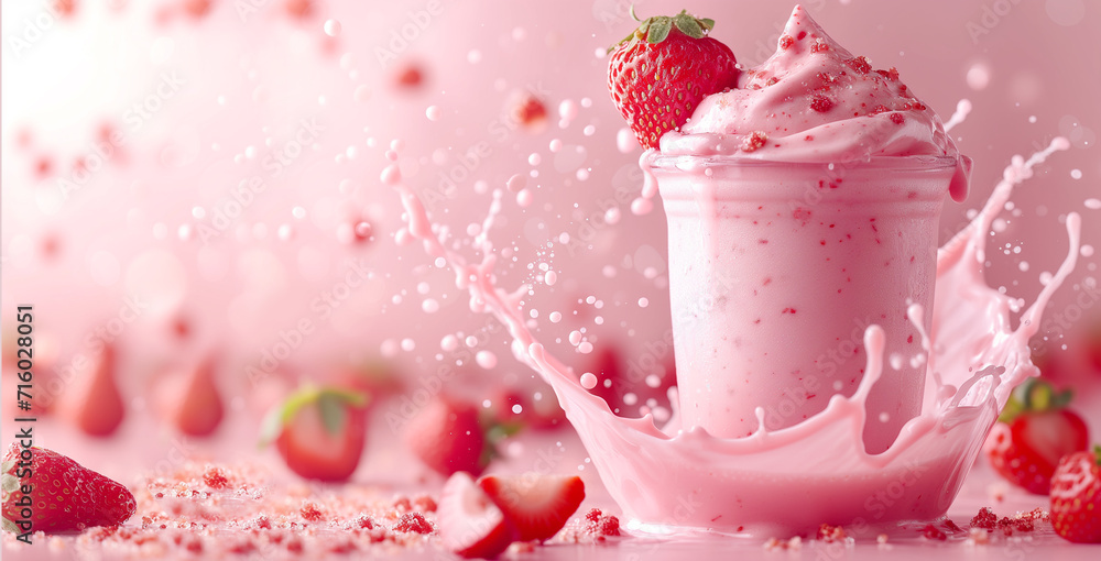 A captivating splash of strawberry milkshake with fresh strawberries around it on a dreamy pink background.