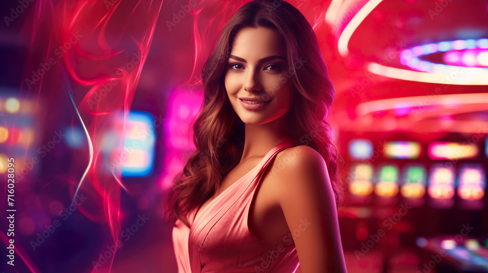 Beautiful woman in a casino, in elegant clothes, in a casino gambling hall with neon glow, Woman in neon style Beautiful woman in a casino, in elegant clothes, in a casino gambling hall with neon glow, Woman in neon style