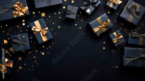 Gift boxes with bows on dark background. © Darcraft