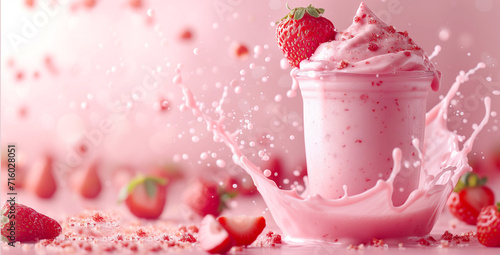 A captivating splash of strawberry milkshake with fresh strawberries around it on a dreamy pink background. photo
