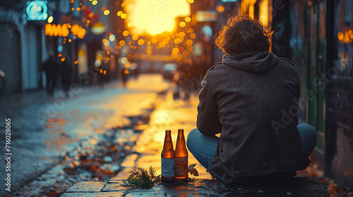 Depressed man drinking alcohol outdoors in the evening photo