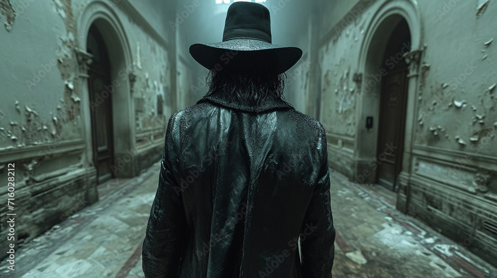 Naklejka premium A detective in a black hat and coat in a mysterious place
