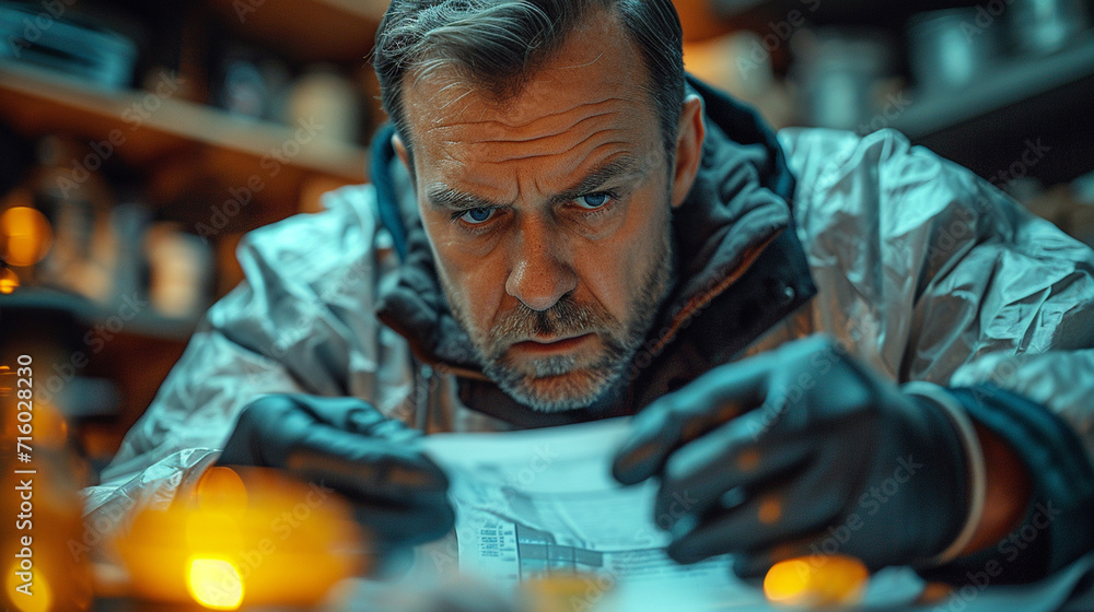 the detective examining the fingerprints the detective examining the fingerprints