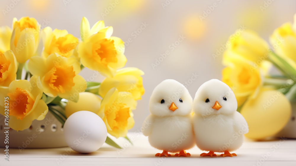 Adorable chicks and yellow daffodils arrangement symbolizing Easter celebration
