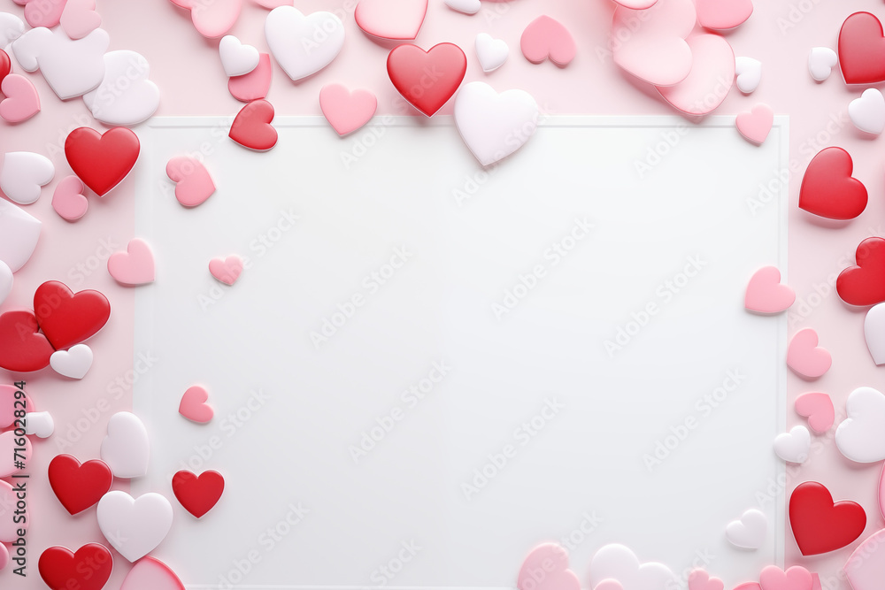 Blank greeting card and hearts for valentine's day. Mock up on pink background.