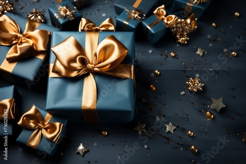 Gift boxes with bows on dark background.