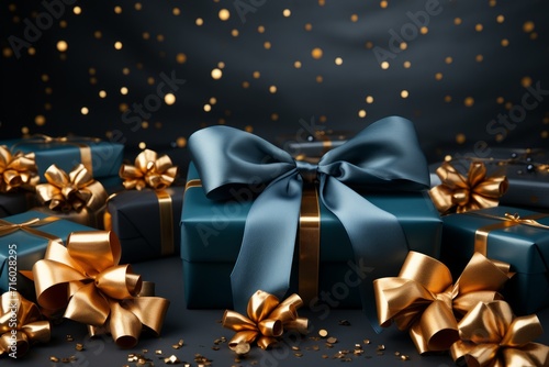 Gift boxes with bows on bokeh background.