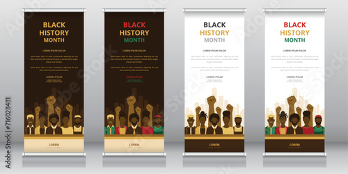 Roll up or retractable banner, standee, X-banner templates featuring African American people in front of background of power fists and cityscape. Ideal for Black History Month programs photo