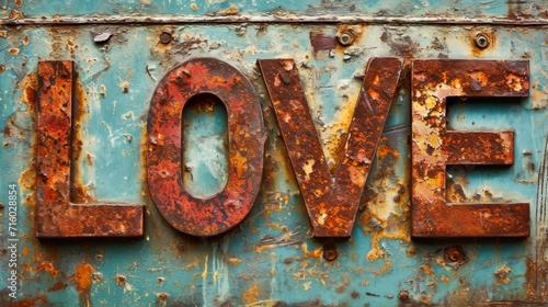 Rusty Iron Love concept creative horizontal art poster. Photorealistic textured word Love on artistic background. Horizontal Illustration. Ai Generated Romance and Passion Symbol.
