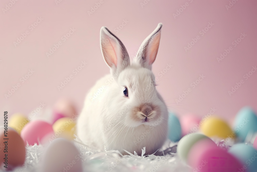 white bunny rabbit with easter eggs in minimalist studio editorial shot for holiday celebration tradition spring flowers white bunny rabbit with easter eggs in minimalist studio editorial shot for holiday celebration tradition spring flowers