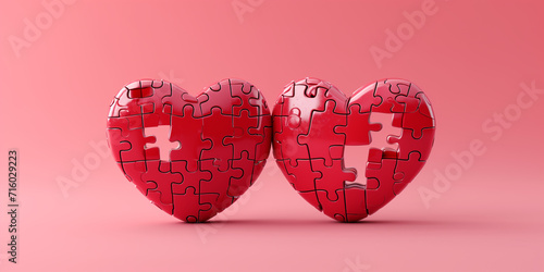Conceptual image of two red heart puzzles, symbolizing the idea of mending or fixing a broken relationship for Valentine's Day. photo