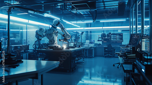 Um laboratório elegante e futurista zumbindo de atividade enquanto robôs de ponta e sistemas de  I A avançados são montados e testados photo