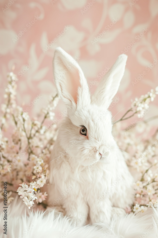 white bunny rabbit with easter eggs in minimalist studio editorial shot for holiday celebration tradition spring flowers 