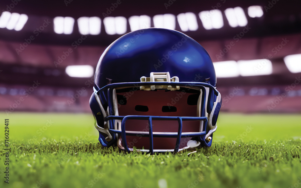American Football Helmet On Field with Stadium Lights Background American Football Helmet On Field with Stadium Lights Background